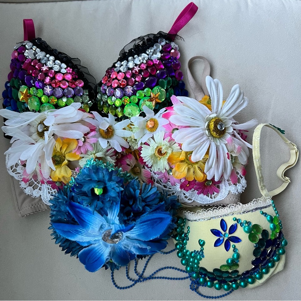 Custom Floral Sequin Bejewled Bedazzled Embellished Rave Bra Set 32A